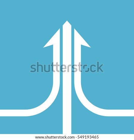 White compound arrow consisting of three ways on blue background. Teamwork, development and merging concept. Flat design. Vector illustration. EPS 8, no transparency