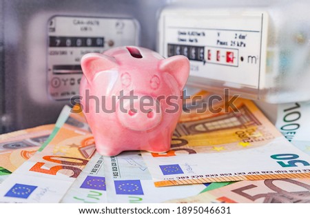 Piggy bank and Euro cash near an electricity meter and gas meter. Utility bills, consumption of electricity and gas for heating home, energy costs, symbolic image.