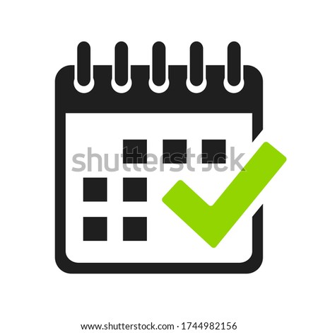 Calendar and check mark vector icon on white background