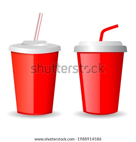 Red paper cup for soft drink, vector cartoon isolated on white background, abstract web design template