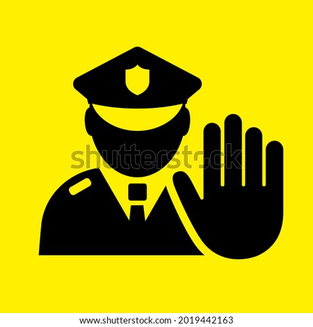 Security control icon, stop police sign isolated on yellow background, access denied concept with policeman agent avatar. Person man character in uniform