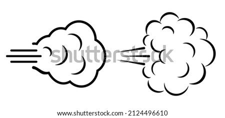 Puff of wind, gust cloud icons on white background. Line illustration of fast air motion, abstract design elements