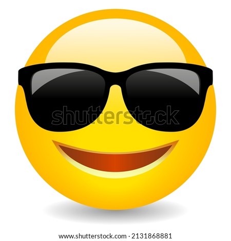 Cool smiling emoji face with sunglasses, vector cartoon on white background