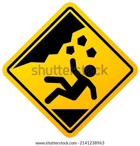 Rocks fall danger sign, unsafe area warning placard on white background