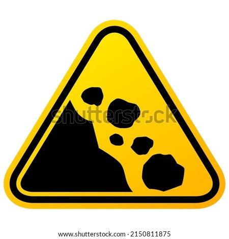 Landslide hazard sign, yellow warning symbol of landslide, flat illustration isolated on white background