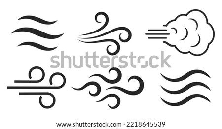 Wind blowing vector icons, air puff pictograms on white background. Windy weather with strong air gust, abstract line symbols.
