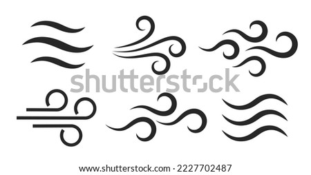 Wind puff icons, breeze vector symbols on white background. Strong windy weather pictograms, web design elements.