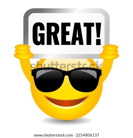 Smiling happy emoji holding Great banner, vector cartoon isolated on white background. Great Idea approval concept.