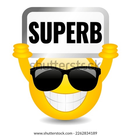 Happy yellow emoji with Superb sign, vector cartoon on white background