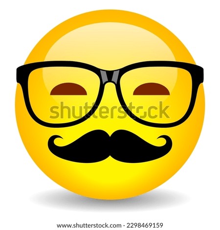 Clever emoji appearance with mustaches and glasses, vector cartoon symbol isolated on white background