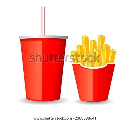 Cola drink and french fries, fast food vector icon isolated on white background, flat design illustration of tasty meal