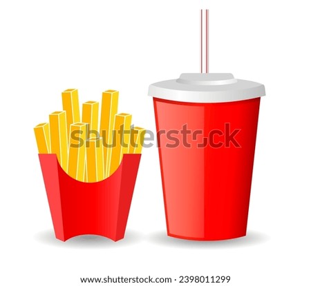 French fries and cola drink, fast food vector cartoon isolated on white background, fastfood flat illustration, food package template