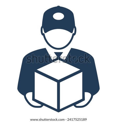 Delivery man icon, courier vector pictogram on white background. Delivery guy in cargo uniform holding a box, simple flat line illustration