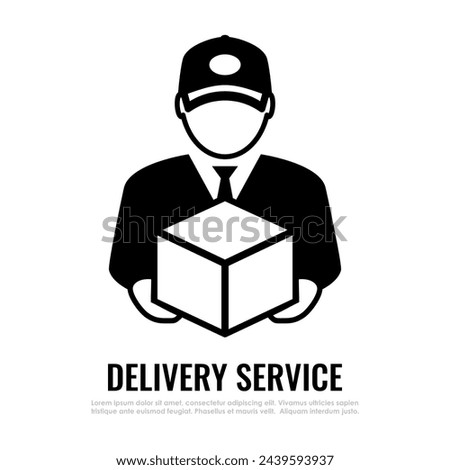 Delivery service icon, courier vector pictogram isolated on white background. Flat illustration of delivery guy holding a box, prompt logistics web poster design