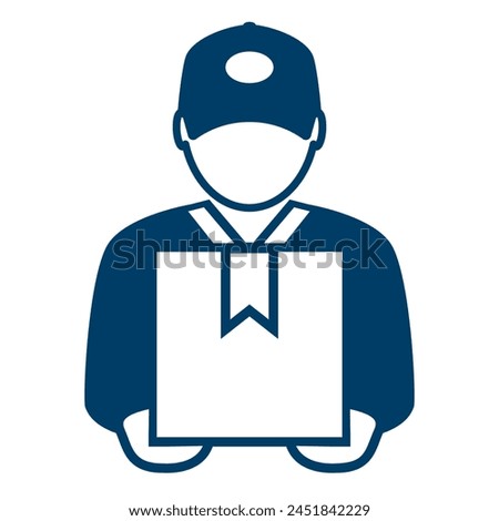 Delivery service icon, courier with parcel vector pictogram isolated on white background. Cute delivery guy in uniform, flat illustration of transportation serviceman