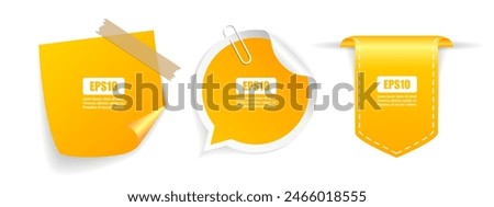 Yellow vector stickers set, blank adhesive note papers isolated on white background. Simple web design elements for business presentation or website