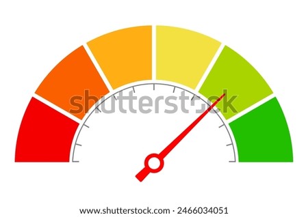 Meter gauge icon, scale with arrow vector cartoon on white background. Flat illustration of metering device with red to green scale indicators, web design element