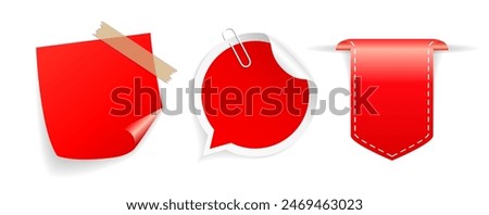 Red glossy vector sticker, sticky note papers set isolated on white background. Flat illustration of blank curled up labels, web design elements for business presentation of website.