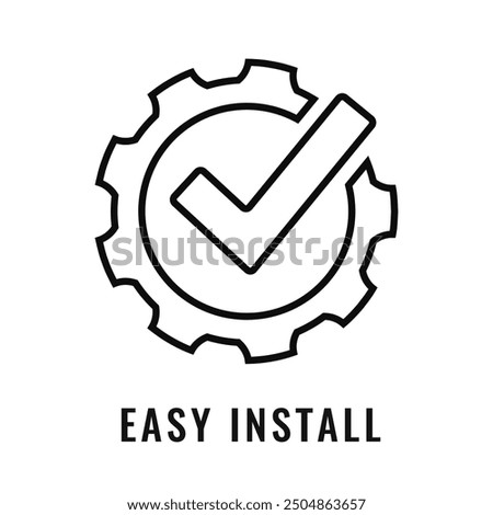 Easy to install vector line icon isolated on white background. Abstract technical symbol for simple installation, gear pictogram with check mark, hassle free mending emblem