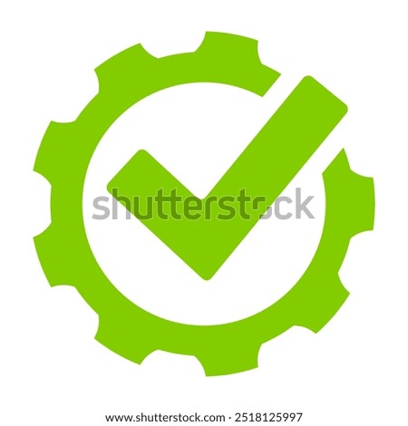 Easy to install vector web icon isolated on white background. Abstract technical symbol with gear and check mark. Work successfully completed concept.