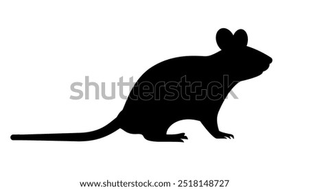 Mouse vector silhouette isolated on white background, simple side view of rat or mouse.