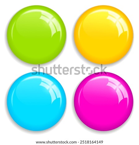 Magnet pin button set, vector glossy icons isolated on white background, colorful web design elements. Plastic office paper holders collection.