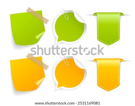 Green and yellow vector stickers set, note papers isolated on white background. Flat illustration of blank office reminder papers, add your text, web design elements.