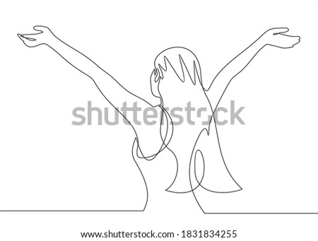 Continuous line drawing of happy woman raising hands. Continuous line art or one line drawing of a woman stretching arms relaxing picture vector illustration. concept of freedom. Beautiful woman