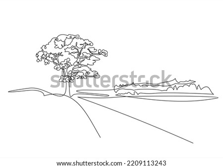 Rural landscape continuous one line vector drawing. Hills, trees and road hand drawn silhouette. Country nature panoramic sketch.