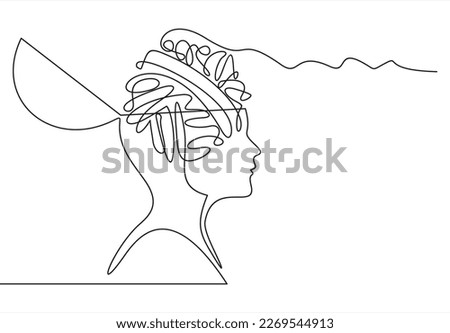 Human head with confusion of thoughts in Continuous one line drawing. Concept of bad mental health, anxiety and stress. Headache and chaos in consciousness in linear style. Vector illustration