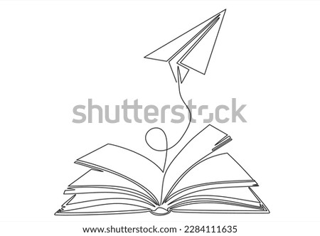 Continuous one line drawing of open book with flying paper plane. Vector illustration on white background.	