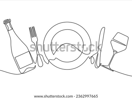 Continuous one line drawing of plate, fork, knife, bottle of wine and glass. Menu food design. Vector illustration.