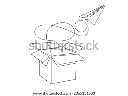 Paper airplane with cardboard box. Online shopping concept, fast delivery. one line continuous drawing. 