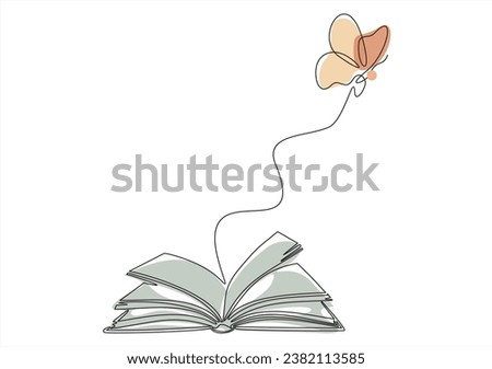 Flying book one line drawing with butterfly. Continuous hand drawn contour vector. Illustration of Creative and freedom.