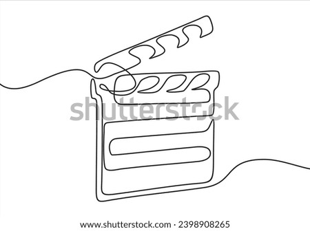 One continuous line drawing of clapper board. Action movie scene and retro video production concept in simple linear style. Outline editable stroke. Doodle vector illustration