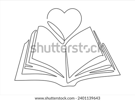 Open book and heart, continuous line vector illustration. one line vector drawing of a book and a heart, concept of love of reading.