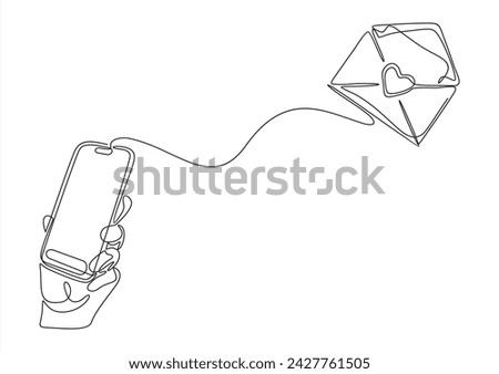 Valentine day love heart mail envelope letter phone concept. Hand hold smartphone, heart email send, new love message line icon. Phone message outline icon.Continuous one line.