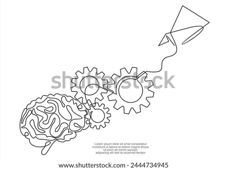 brain thinking about Startup business idea. Brain, Paper plane flying up connected with gears in one continuous line drawing.	
