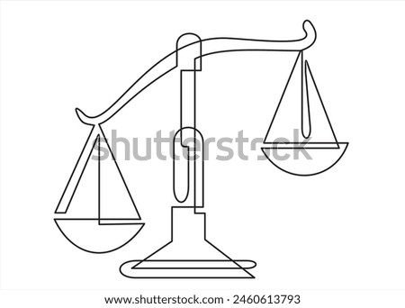 One continuous line drawing of law balance and scale of justice. Symbol and logo of equality and outline concept court in simple linear style. Libra icon. Doodle vector illustration