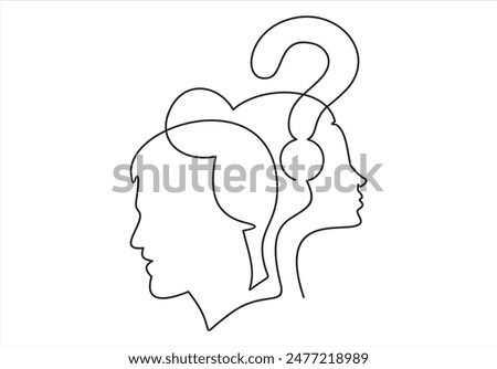 Silhouette of man and woman head with question mark, symbolizing psychological processes of understanding.