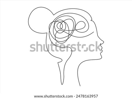 Continuous one line drawing of a woman with confused messy feelings worried about bad mental health. Problems stress illness and depression concept in simple linear style.