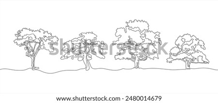 Trees one line set art. Continuous line drawing of plants, herb, tree, wood, nature, flora, poplar, maple, ash tree, linden.