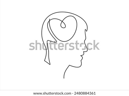 One line icon thinking with heart concept.Vector minimal continuous line logo design. Human head, face profile illustration.