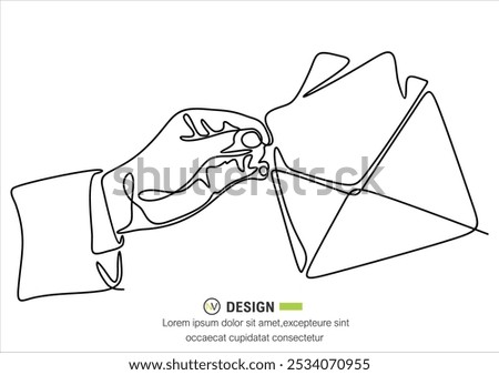 Continuous single line drawing hand gesture holding mail letter post card envelope one line message paper payment salary vector illustration