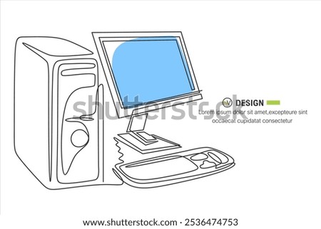 Single continuous line drawing of cpu computer unit and screen monitor for company. Electronic small home business equipment concept.