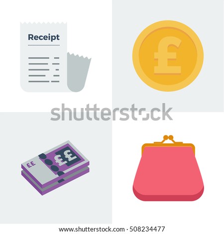 Flat style vector illustration of receipt, pound coin, british bank note and coin purse