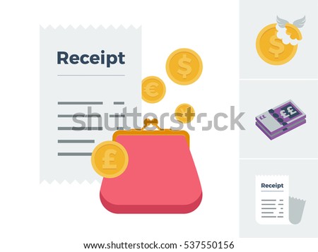 A set of icons symbolizing tax, cash money and a receipt with a feature image symbolizing purchases and expenses vector illustration