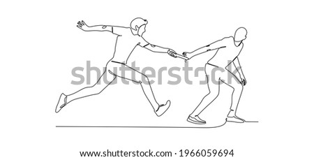 Young male relay runner pass the baton stick to his team mate. Healthy lifestyle and fun jogging sport concept. Continuous one line drawing	- continuous one line drawing