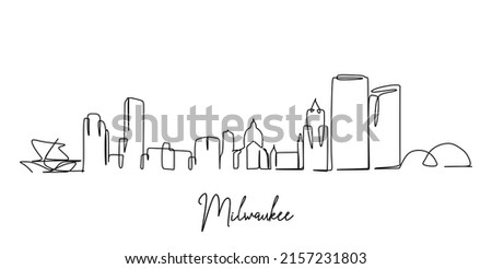 One single line drawing of Milwaukee city skyline, USA. Historical town landscape. Best holiday destination home wall decor poster print art. Trendy continuous line draw design vector illustration