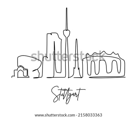 One continuous line drawing Stuttgart city skyline Germany. Beautiful skyscraper. World landscape tourism travel vacation wall decor poster concept. Stylish single line draw design vector illustration